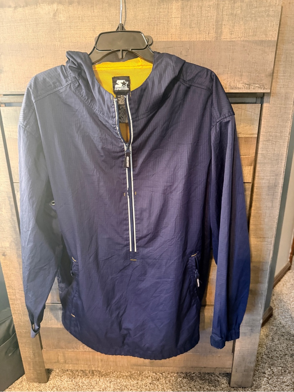 STARTER Navy Half-Zip Hooded Windbreaker with Yellow Lining